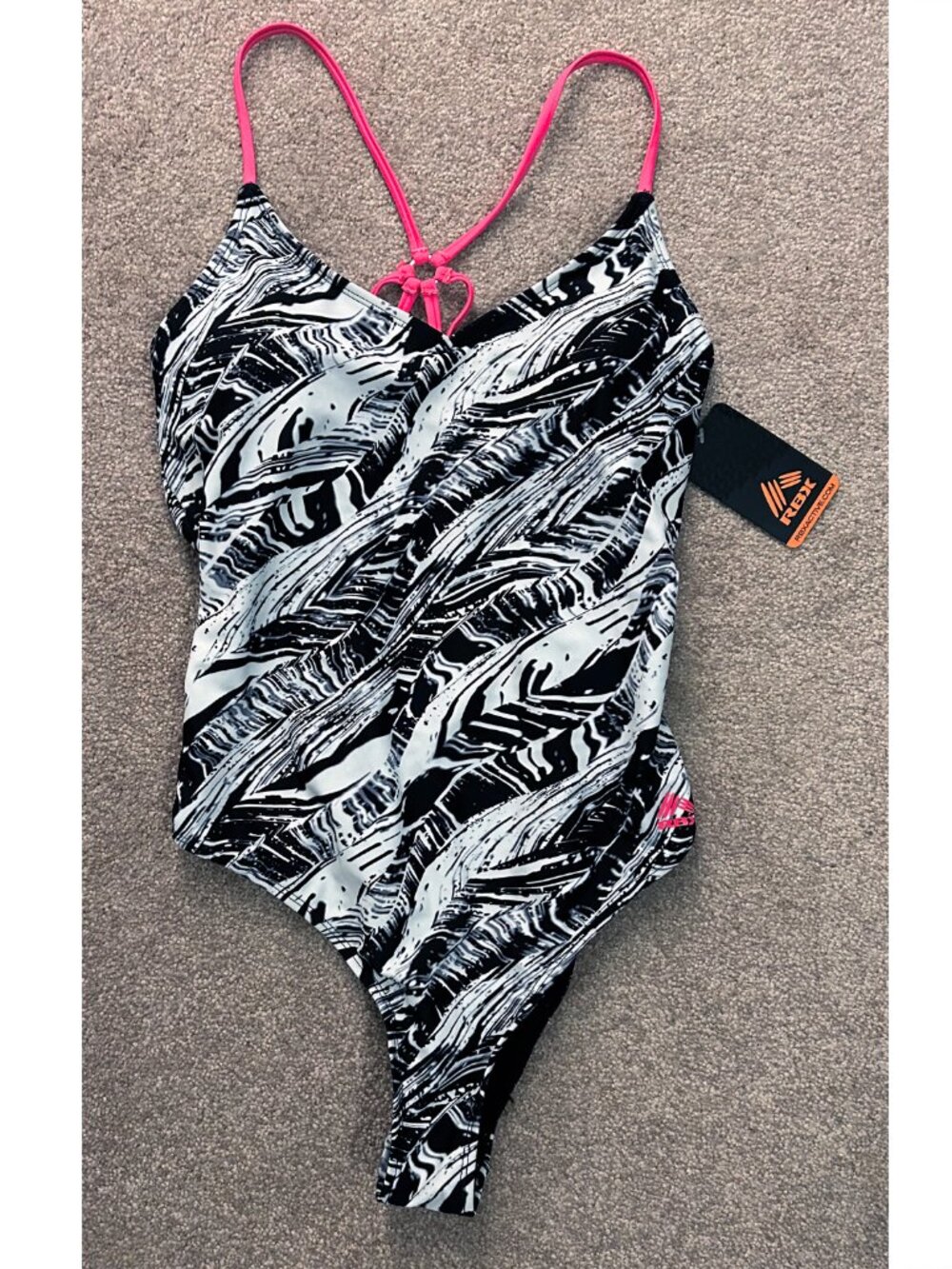 NWT! RBX One Piece Bathing Swim Suit, Strappy Back, Black White Hot Pink, Medium